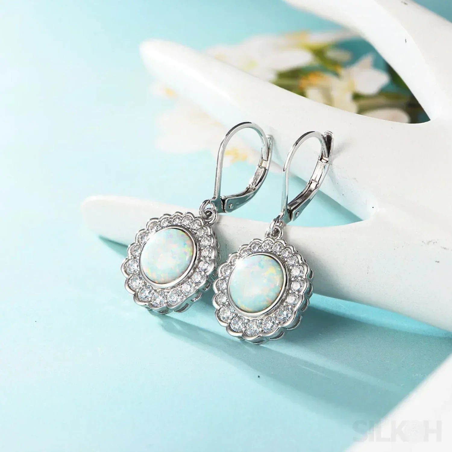 Round Retro Sterling Silver Opal Drop Bridal Earrings Cat